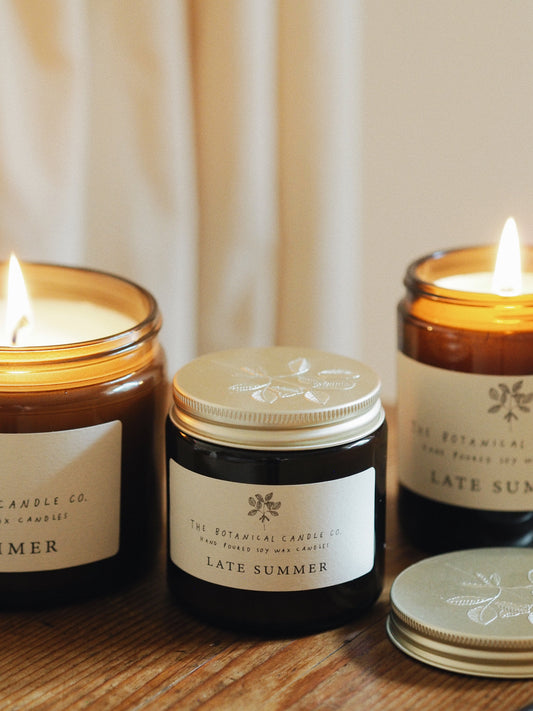 Late Summer hand-poured soy wax candle, 120ml, by The Botanical Candle Co.