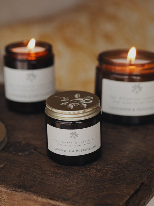 Lavender and Petitgrain hand-poured soy wax candle, 120ml, by The Botanical Candle Co.