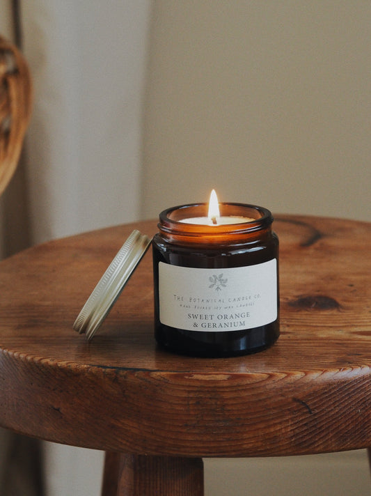 Sweet Orange and Geranium hand-poured soy wax candle, 120ml, by The Botanical Candle Co.