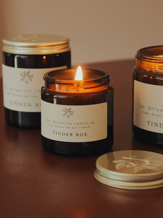 Tinder Box hand-poured soy wax candle, 120ml, by The Botanical Candle Co.